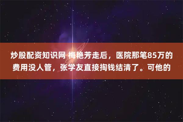 炒股配资知识网 梅艳芳走后，医院那笔85万的费用没人管，张学友直接掏钱结清了。可他的